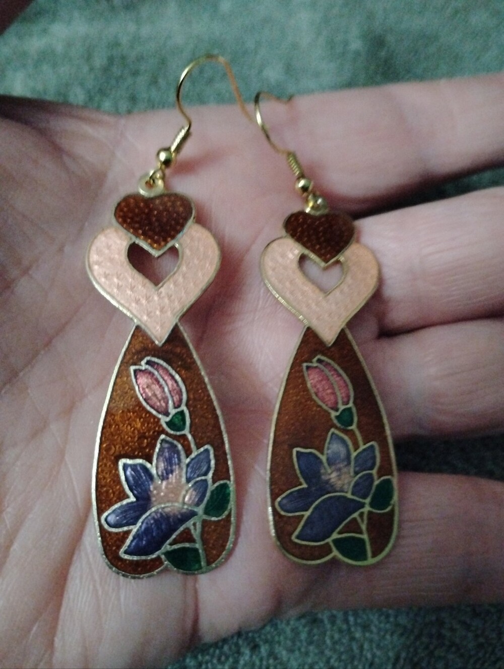 Cloisonne Brown Floral Hearts Earrings